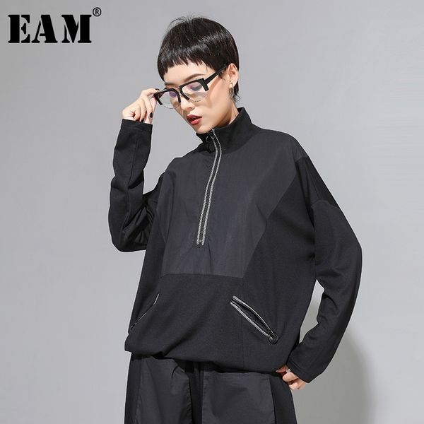 

[eam] loose fit black line split big size sweatshirt new high collar long sleeve women big size fashion spring autumn 1a530 201106