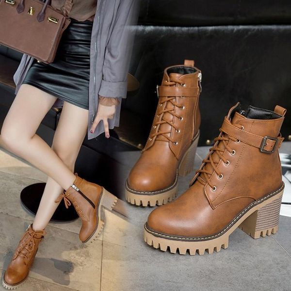 

british retro high-heeled lace-up boots fashion wild temperament women's short boots comfortable large size women's, Black