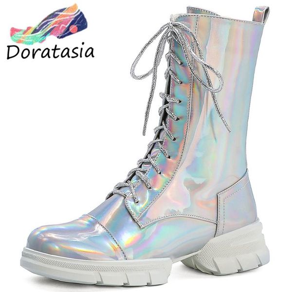 

doratasia new women brand flat platform shoes low chunky heels boots women fashion metallic ankle boots, Black