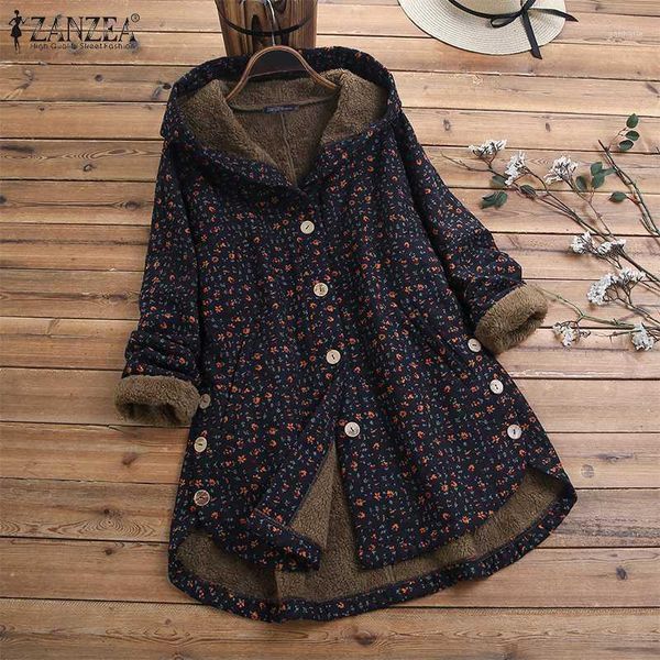 

women vintage printed fleece coats zanzea winter hoodies long sleeve jackets female buttons outwear hooded plush fluffy coat1, Black;brown