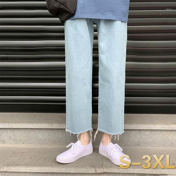 

men jeans ankle-length wide-leg straight simple tassel elastic-waist drawstring denim trousers korean-style all-match loose chic1, Blue