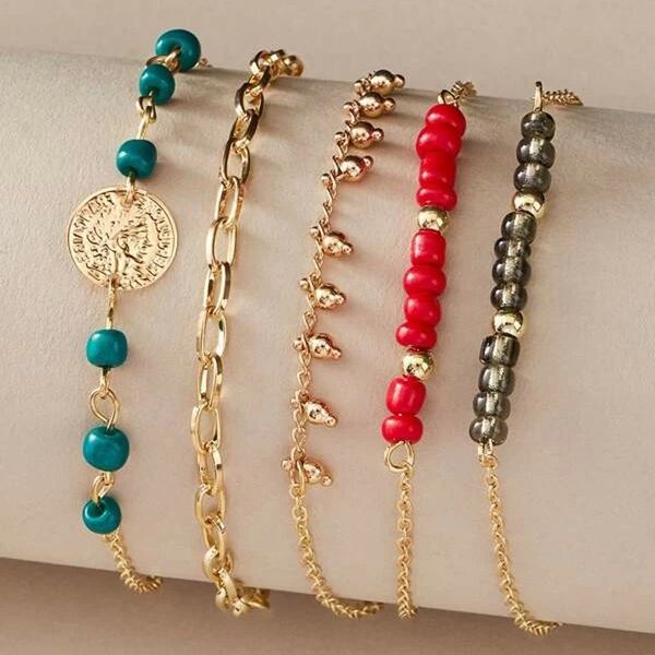 

jewelry bohemian colorful braceletbracelet fashion simple alloy coin 5-piece set jewelry bohemian colorful beaded beaded braceletbracelet fa, Golden;silver