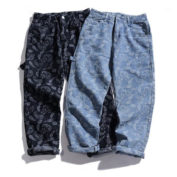 

men spring fall japan style cashew nut flower embroidery vintage black jeans hip hop casual loose denim pants baggy trouser male1, Blue