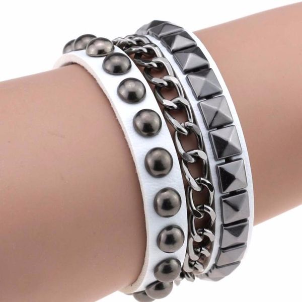 

multilayers rock spikes rivet chains gothic punk wide cuff leather bracelet bangle 2019 fashion men bracelets jewelry p qyllau, White