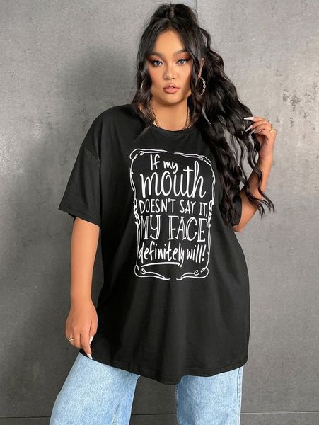 

plus slogan graphic drop shoulder tee q42c#, Black