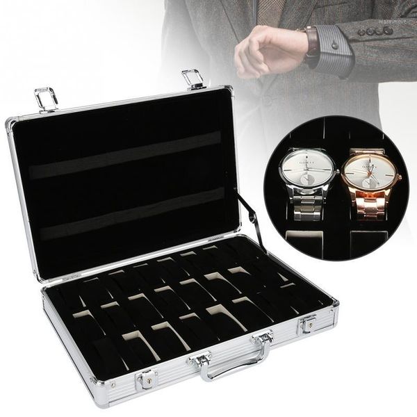 

24 grid slots aluminium watch boxes display case jewelry collection casket storage organizer wristwatch suede inside box holder1, Black;blue
