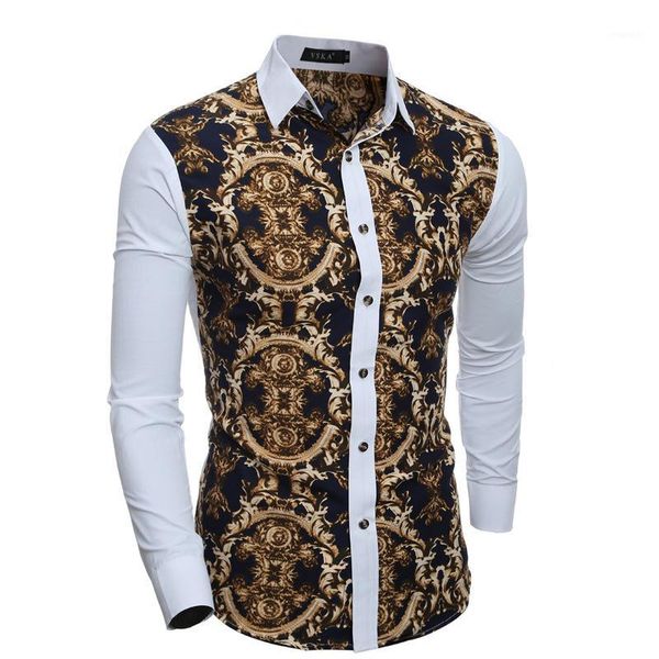 

men 's vintage print casual slim long sleeve shirt 2020 autumn and winter 3d vintage printed fashion leisure long-sleeve panel s1, White;black