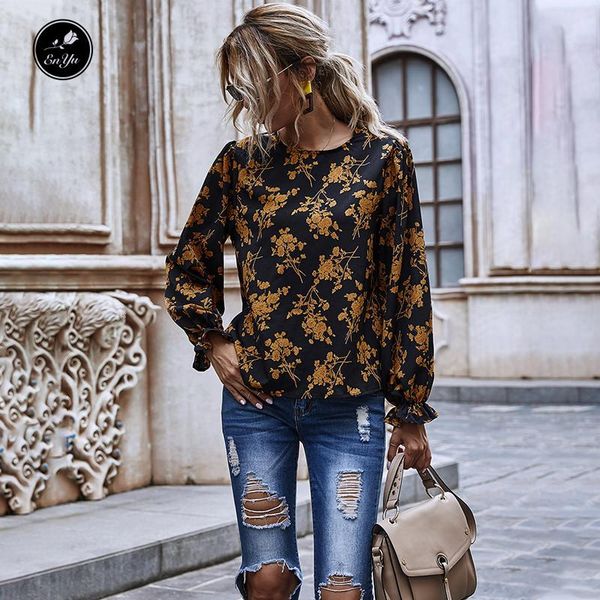 

enyu 2020 autumn women black-yellow print elastic ruffles full sleeve o-neck pullover tees young chic t shirt, White