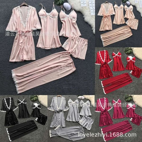 

five piece pajamas women's trousers spring imitation silk nightdrs korean home cloth underwear nightgown, Black;white