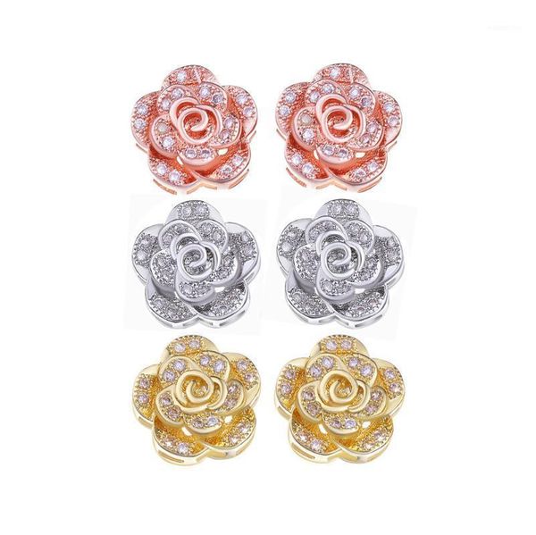 

2PC Copper Inlaid Zircon Rose Flower Charm Loose Beads CZ Beadwork Bracelet Handmade New DIY Jewelry Making Finding Accessories1
