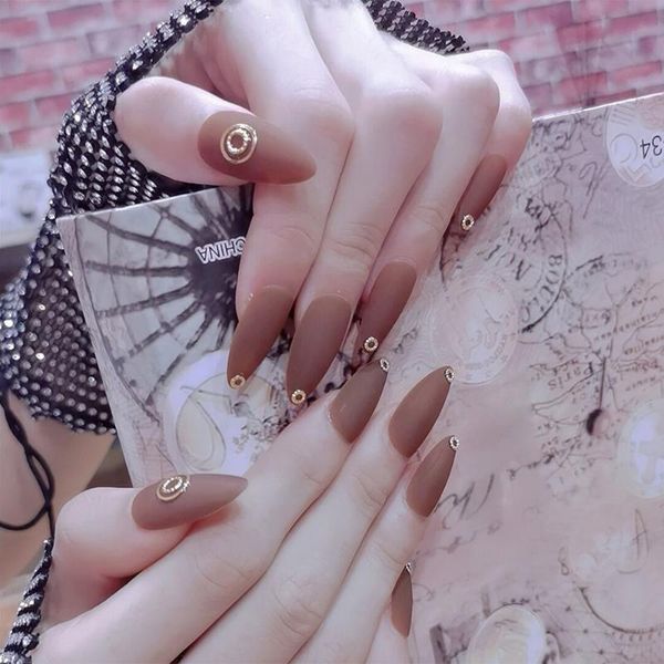 

false nails 24pcs detachable fake short stiletto full cover nail art tips press on extension tool, Red;gold