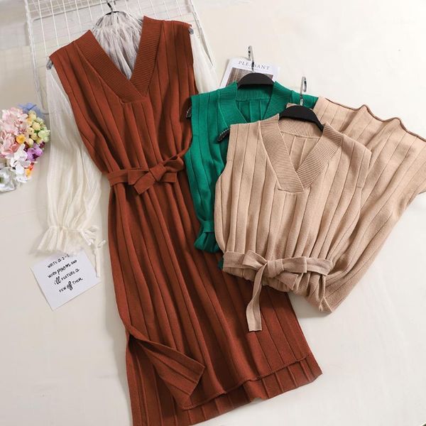 

autumn winter women knitted dress v-neck split long tank dresses ladies sleeveless bow lace up sweater dress vestidos s17291, Black;gray