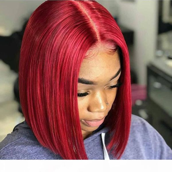 

99j burgundy red lace front human hair wigs soku brazilian straight short bob lace hair wig for black women pre plucked wig, Black;brown