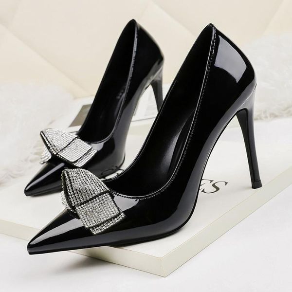 

10cm pumps web celebrity girls' high heels, pointed head, shallow mouth bowknot single shoes, and versatile women's shoes, Black