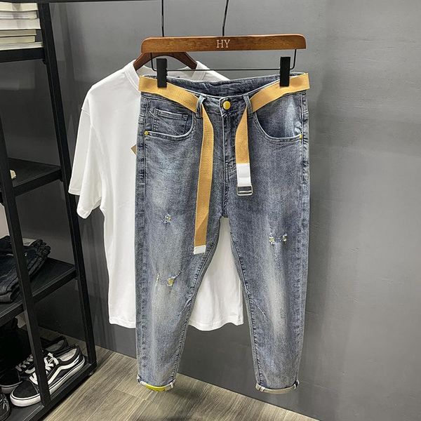 

2y spring and summer new style 9-point jeans men's korean fashion slim elastic men's casual 9-point pants small leg pants, Blue