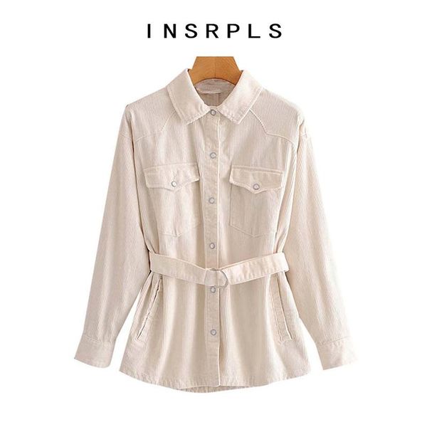 

insrpls women fashion with belt loose corduroy jacket coat vintage long sleeve pockets female outerwear chic, Black;brown