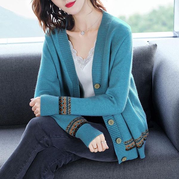 

women's knits & tees 2021 spring and autumn v-neck color matching long sleeve knitwear cardigan national style coat sweater foreign, White