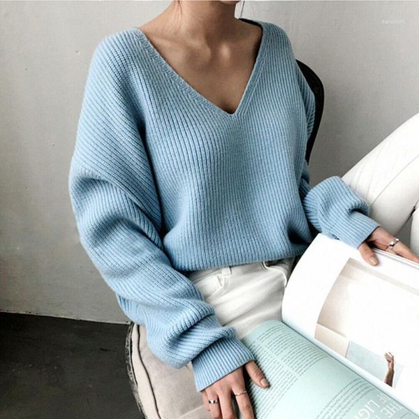 

womens loose cotton sweaters v-neck solid warm thick sweater knitted batwing sleeve jumper knitwear baggy blouse 1, White;black