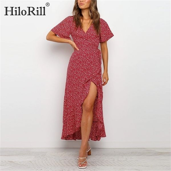 

hilorill summer boho printed maxi dress women v neck long split wrap beach dress ruffled short sleeve holiday dresses 2020 lj200909, Black;gray