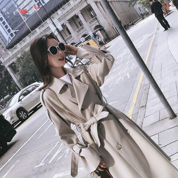 

women clothes gray windbreaker female long section korean spring new korean loose bf waist temperament suit lapel collar jacket1, Tan;black