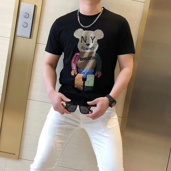 

diamonds bear t-shirt men 2022 summer new heavy technology high-quality slim casual short sleeve male streetwear clothes black white m-5xl, White;black