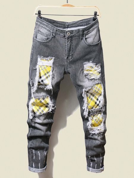 

men plaid print ripped patched jeans l3ie#, Blue