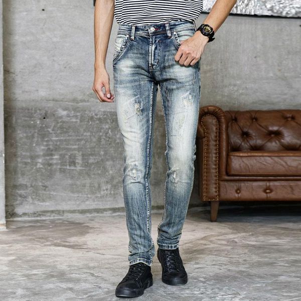 

italian style fashion men jeans retro blue slim fit denim distressed ripped trousers vintage designer cotton pants