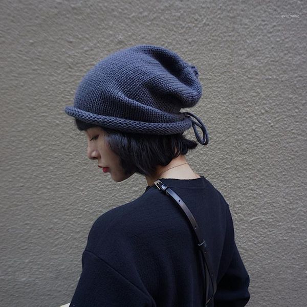 

ouoi autumn and winter solid color warm curled woolen caps men and women knitted hats fashion drawstring pile hats1, Blue;gray