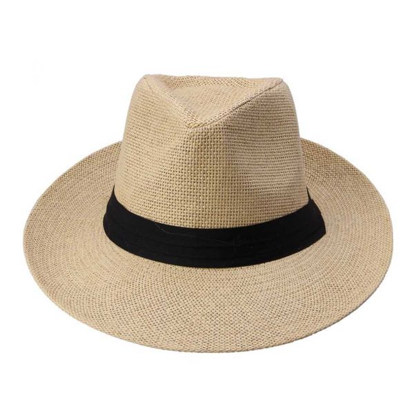 

fashion summer casual beach trilby large brim jazz sun hat panama hat paper straw women men cap with black ribbon, Blue;gray