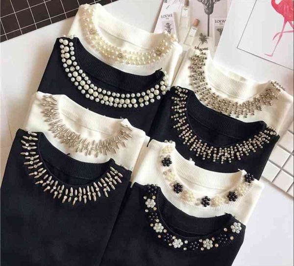 

summer fashion women sleeveless thin sweater female all-match beading o-neck knitted vest girl camis tank, White;black