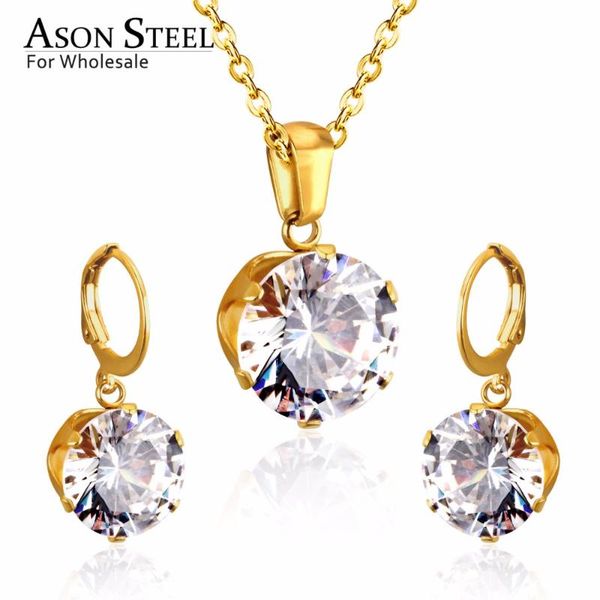 

asonsteel bridal jewelry sets round cubic zirconia pendants stainless steel drop earring fashion accessories mujer party wedding, Silver