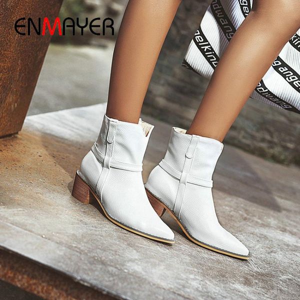 

boots enmayer 2021 snake pattern slip-on pointed toe winter women square heel short plush animal prints ankle for, Black