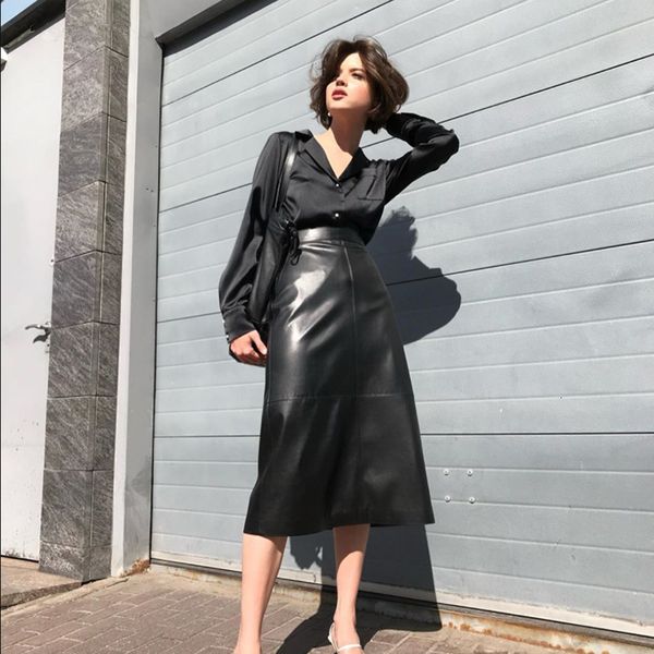 

2021 new women's skirts spring thin waist high plutonium leather long fashion party female skirt dress women hmp8, Black