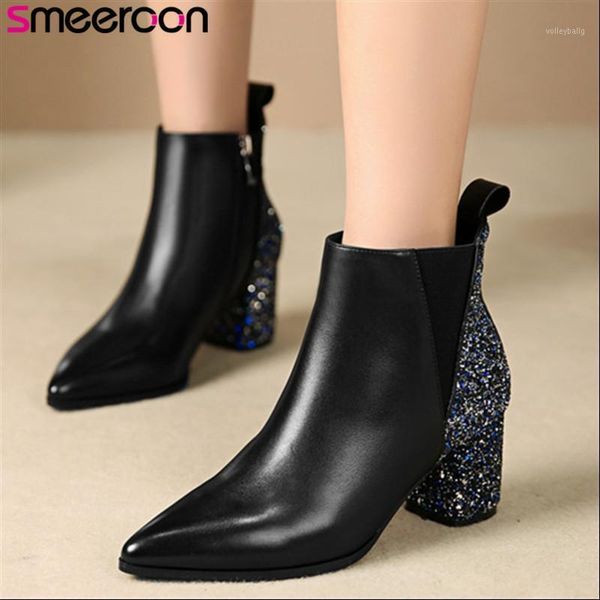 

smeeroon 2021 new winter autumn boots for female genuine leather black shoes pointed toe women ankle boots1