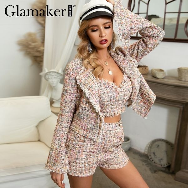 

glamaker lurex tweed short blazer coat women autumn three-piece office blazer elegant winter flare sleeve jacket outwear y200107, White;black