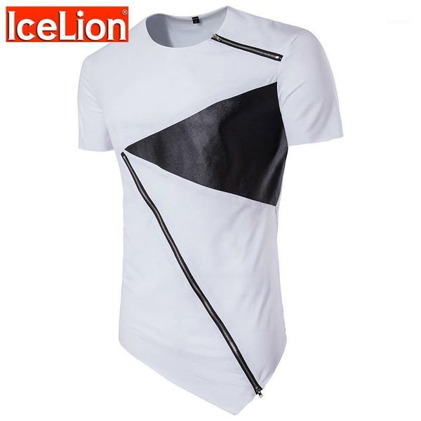

icelion 2021 summer new fashion long t shirt men cotton o-neck short sleeve tees hip-hop solid zipper design casual t-shirt1, White;black