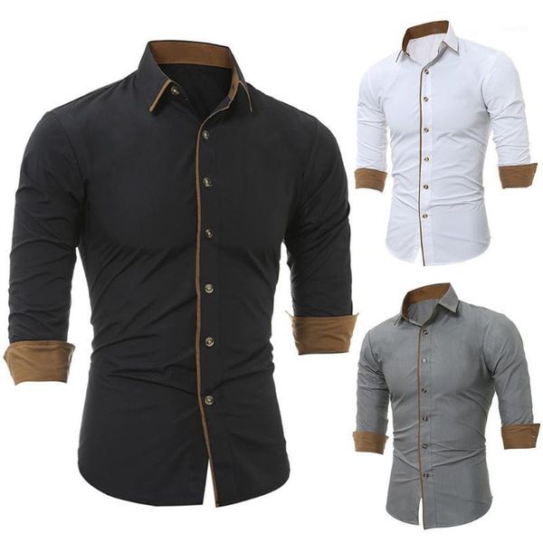 

casual shirts men solid color long sleeve buttons down shirt cotton plus size blouse slim handsome men's shirt office t1, White;black