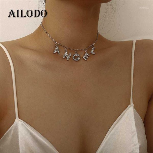 

ailodo crystal letter angel choker necklace for women silver color party wedding statement necklace collier gift 20may701, Golden;silver