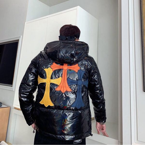 

new winter fashion brand croxin leather embroidery cross light reflective down jacket hooded men's and women's coats, Black