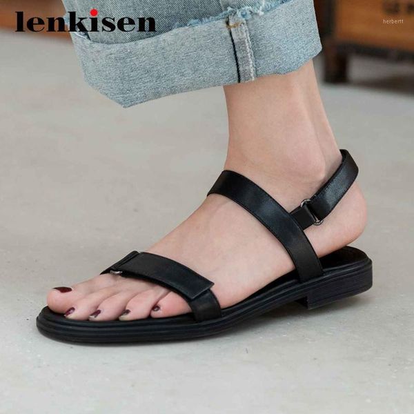 

sandals lenkisen leisure real leather neutral convenient all-match round toe low heels hook loop beauty girls summer women l071, Black
