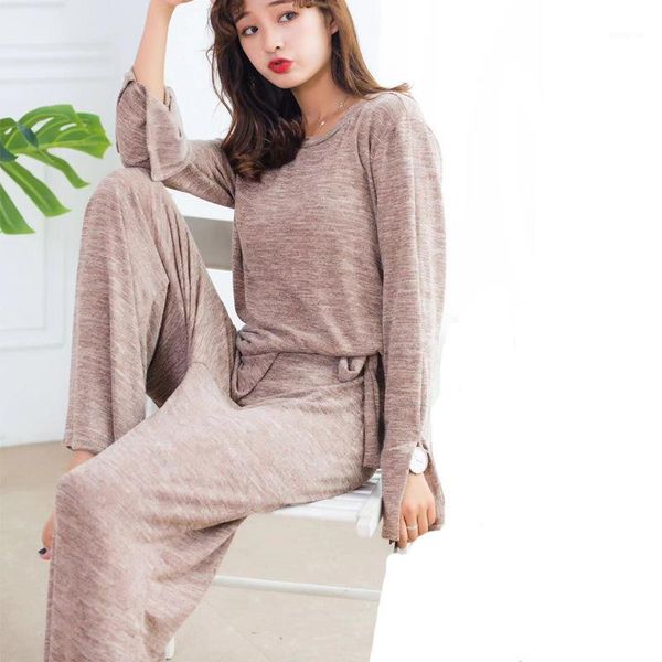 

two piece set tracksuit women 2020 autumn winter long-sleeved t shirt+pants 2 pieces set home suits knitted cotton loose pajamas1, White