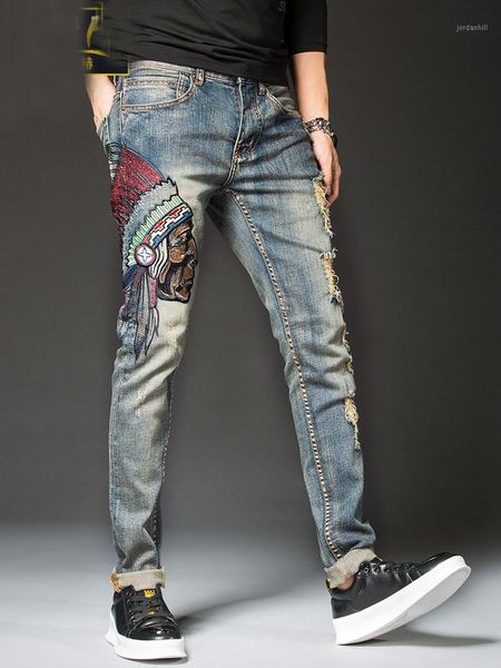 

new men's male denim jeans hole embroidery slim cow 98% cotton straight tide brand beggar korean pants trousers1, Blue