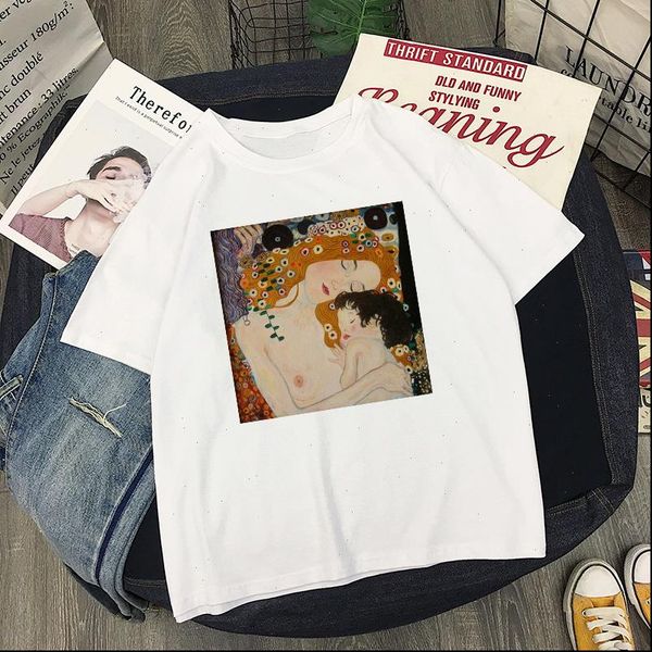 

gustav klimt oil painting aesthetics art retro pattern sweet lady summer women mother baby print casual fun loose t shirt, White