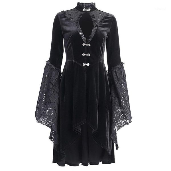 

qweek balck velvet gothic dress women lace long sleeve black goth dress party patchwork hollow out short dresses for women1, Black;gray