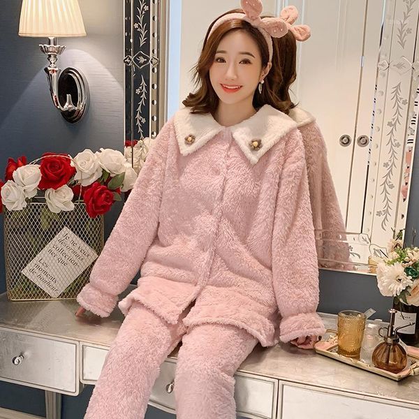 

plush autumn and winter long sleeves thickened pajamas may outer wear sweet and loose pajamas cute loungewear two-piece suit1, Black;brown