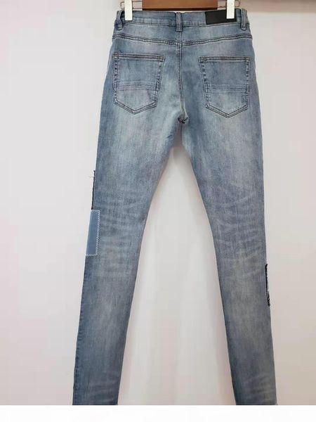 

new arrival am mens designer jeans fashion denim high street elastic patchwork ancient jeans spliced ripped biker pant us size, Blue
