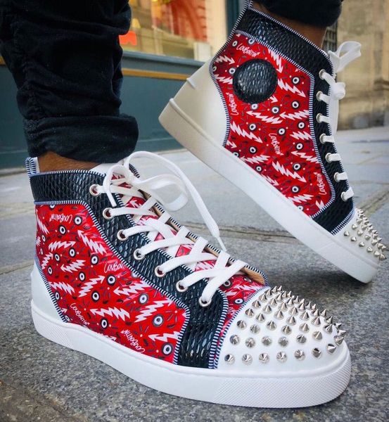

original box] brands designer men's high spikes red bottom sneakers graffiti leather women's casual flats dress party wedding eu3, Black