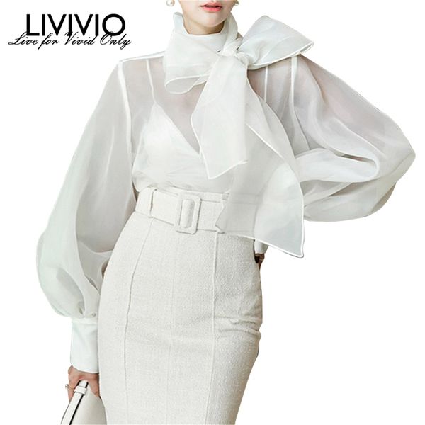 [Livivio] Verão Longa Lanterna De Manga Bow Branco Blusa Blusa Mulheres Camisa Preta Escritório Senhoras Tops Coreano Moda Roupas LJ200812