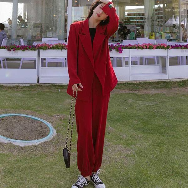 

women's two piece pants vintage autumn women pant suit notched blazer jacket & cuasal 2021 office work wear suits female sets1, White