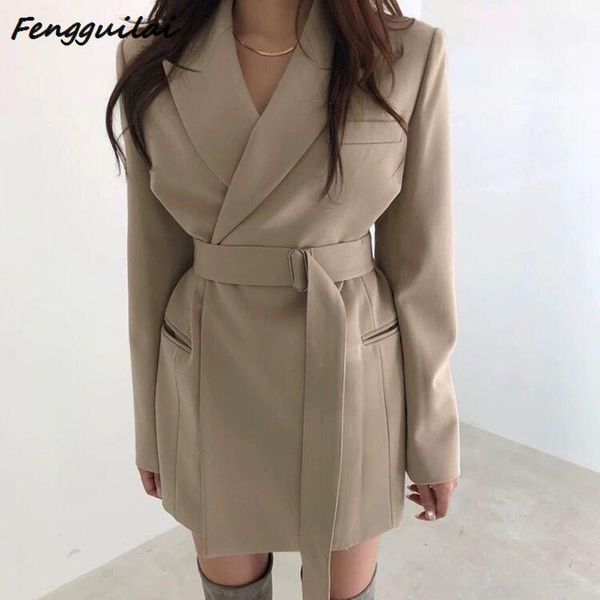 

women's suits & blazers autumn winter khaki suit blazer women 2021 casual pocket bandage long jackets elegant sleeve outerwear, White;black
